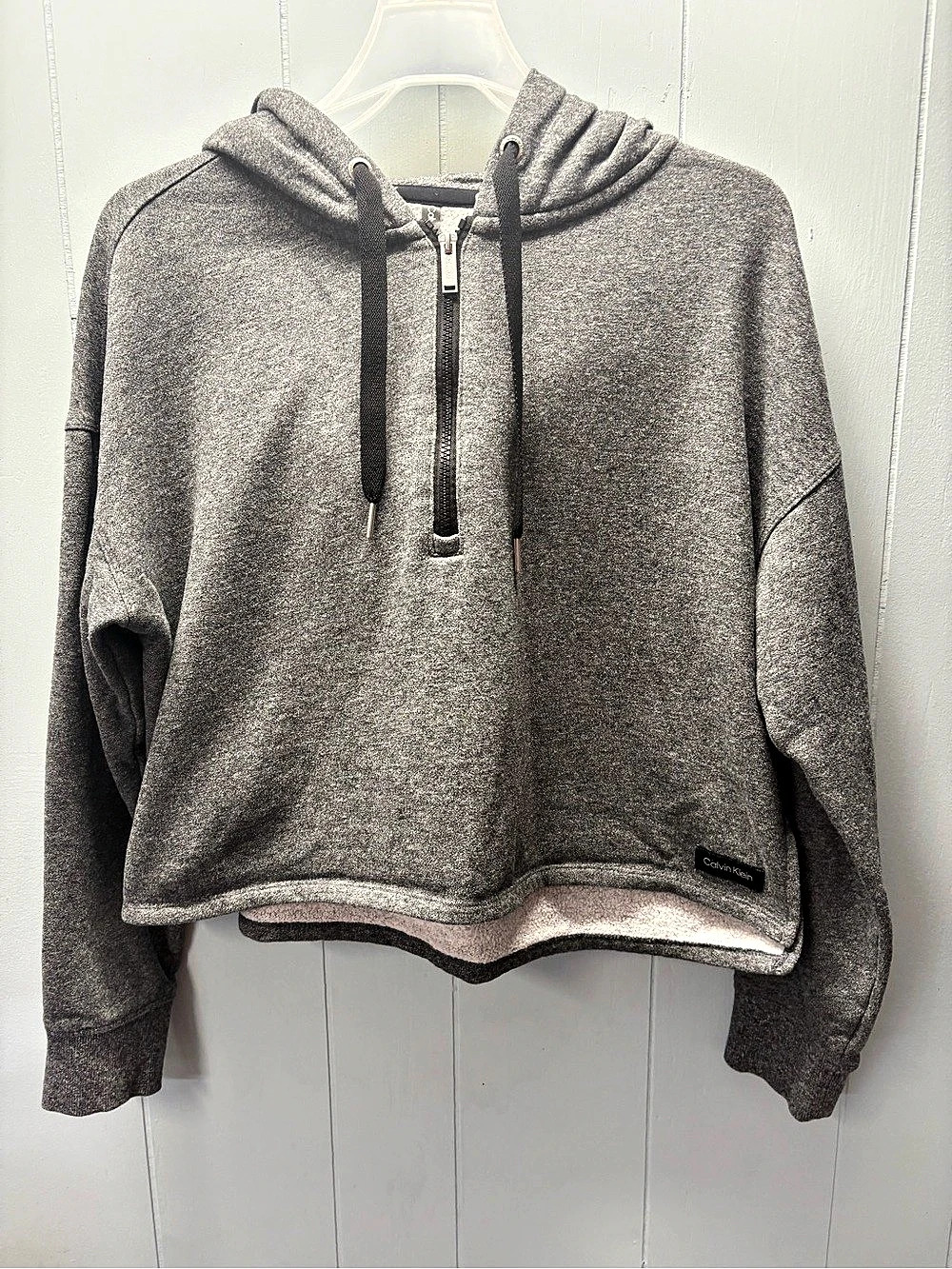 Calvin Klein Fleece Logo Patch Cropped Hoodie Gray Medium